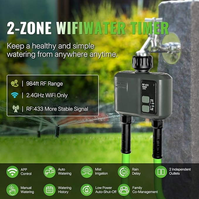 WiFi Water Timer for Garden Hose, Sprinkler Timer 2 Zone, Smart Lawn Watering System with WiFi Irrigation Controller, Voice Control, Automatic Irrigation/Rain Delay/Manual Watering D32WT06