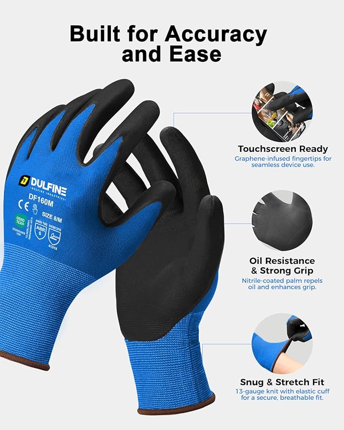 Safety Work Gloves MicroFoam Nitrile Coated-12 Pairs Pack,Blue Seamless Knit Nylon Glove with Black Micro-Foam Nitrile Grip,Ideal for General Purpose,Automotive,Home Improvement,Painting(Small)