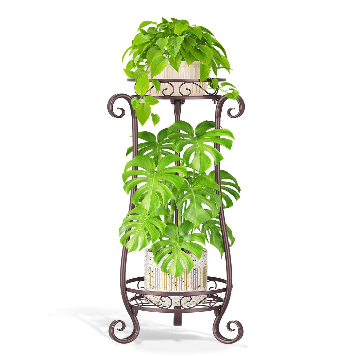 LASZOLA Metal Corner Plant Flower Stand Tall Indoor Outdoor, 2 Tiers Bronze