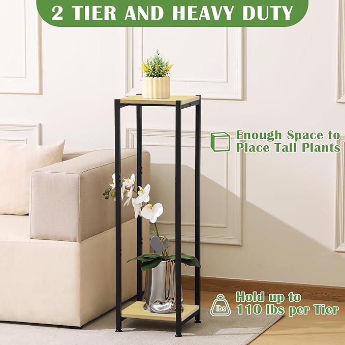 Dipion Extra Tall Plant Stand Indoor,40 Inch Plants Stands,2 Tier Metal Plant Stand with Heavy Duty Wood,Yellow Oak and Black