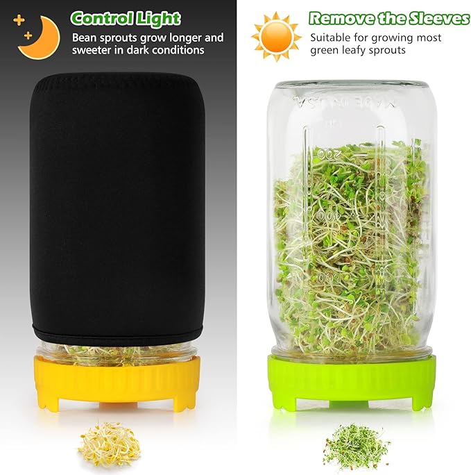 Seed Sprouting Kit, 2 Large Wide Mouth Mason Jars with Sprout Lids, Blackout Sleeves, Drain Tray, Stainless Steel Stand, Sprouts Growing Kit for Bean, Broccoli, Alfalfa (Yellow+Green)
