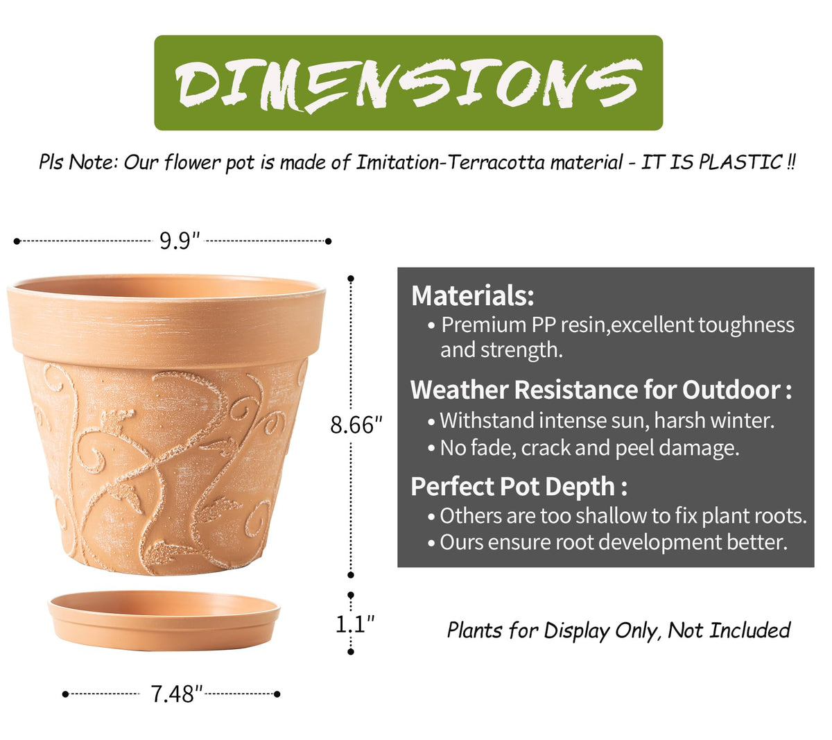 Melphoe Plant Pots Indoor with Drainage & Saucer, 2Pack 10 inch Flower Pots Outdoor Planters for Indoor Plants Garden Home Decor Cactus Succulent, Rigid Plastic (Imitation-Terracotta) Vine-Embossed