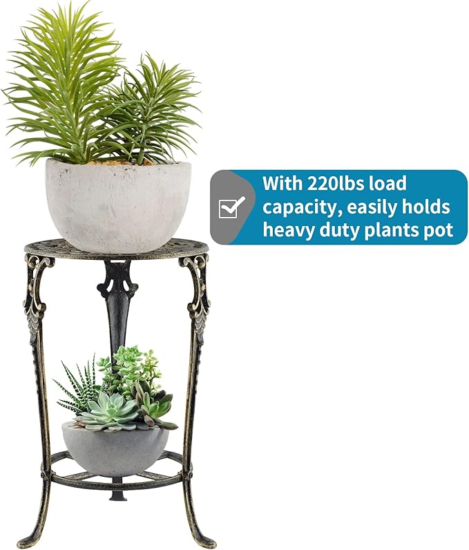 MDLUU Cast Iron Potted Plant Stand 18.8 Inch Tall, 2-Tier Planter Rack, Heavy Duty Flower Pot Holder for Living Room, Bedroom, Kitchen (Bronze)