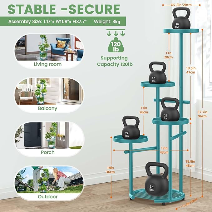 TOSKING 5 Tier Metal Plant Stand Indoor， Plant Shelf, Corner Shelf Flower Pot Stand for Outdoor Plant Stand for Living Room Balcony Garden Patio Bedroom (Blue, 38in)