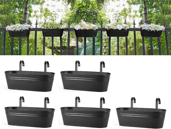 Dahey 5 Pcs Metal Iron Hanging Flower Pots for Railing Fence 15.7 Inch Hanging Bucket Pots Countryside Style Window Flower Plant Holder with Detachable Hooks for Garden Yard Home Decor, Black