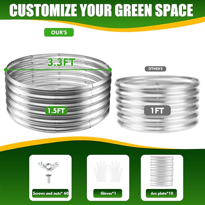 17" Tall Elevated Round Metal Rised Garden Bed- 3.3'x3.3' in Size and 0.8MM Thick Durable Planter Box for Vegetables Flowers Succulent at Patio/Garden Outdoor (Silver, 3.3FT Diameter)