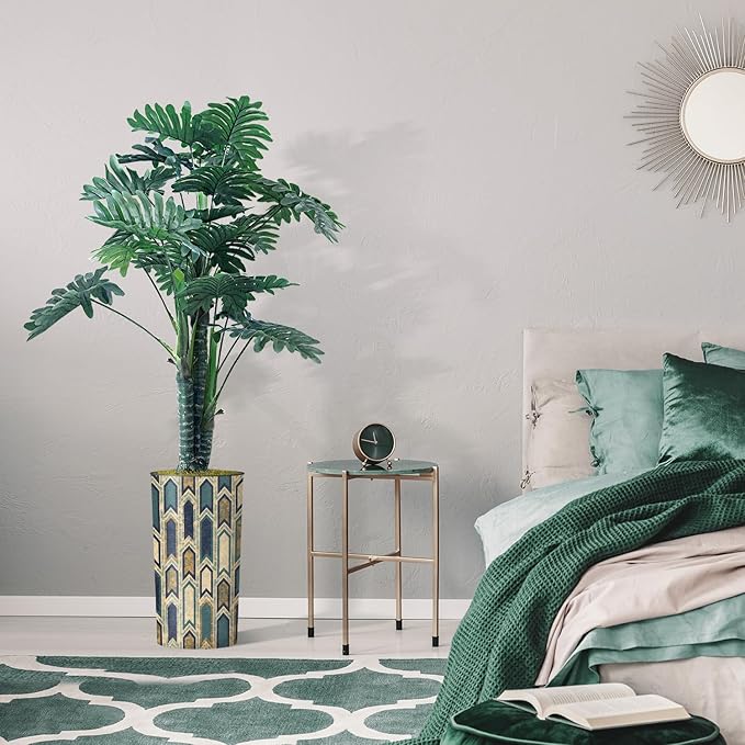 Artificial Tree in Modern Polygon Pattern Effect Planter, Fake Philodendron Tree Silk Tree for Indoor and Outdoor Home Decoration - 70" Overall Tall (Plant Pot Plus Tree)