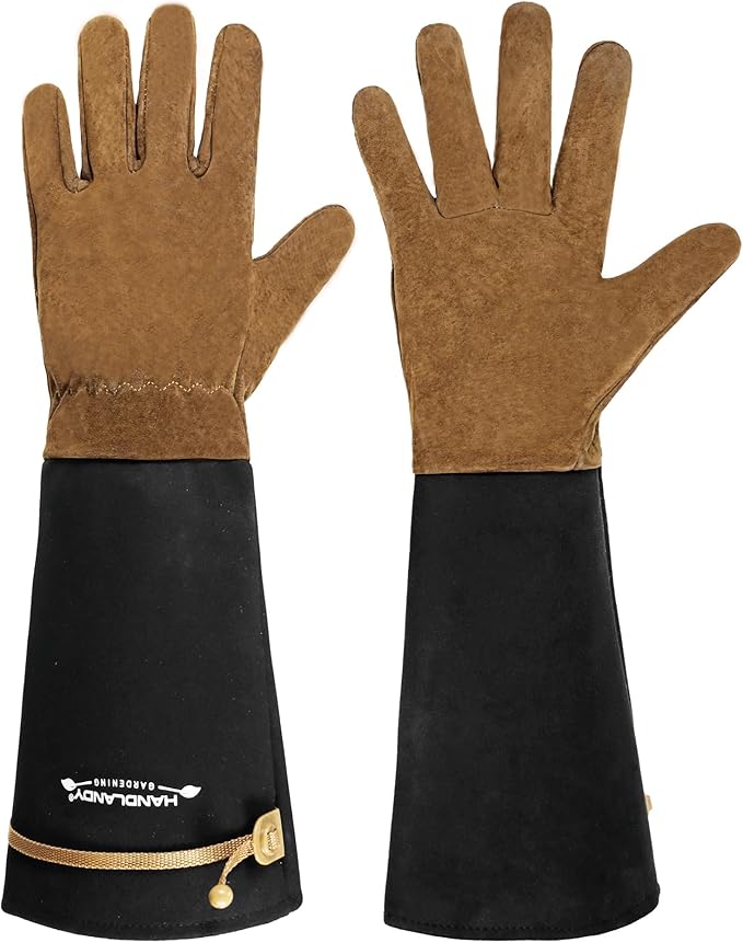 HANDLANDY Long Gardening Gloves for Men & Women, Pigskin Leather Rose Pruning Gloves, Breathable Thorn Proof Gauntlet Glove (Brown-Pigskin, M)