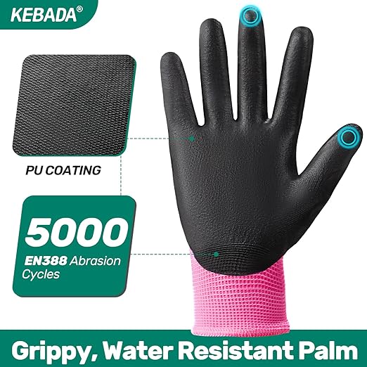 Kebada W1 Work Gloves Women, PU Coated Safety Gloves with Grip, Touchscreen, Ideal for Warehouse Package Handling, Construction, Gardening, Pink X-Small