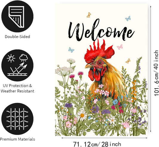 Floral Chicken Garden Flag Spring Summer House Flags 28x40 Double Sided Farmhouse Rooster Yard Flags for Outside Large Outdoor Welcome Flags Farm Chicken Coop Decor