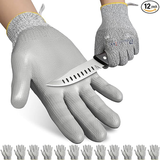 Dowellife 12 Pairs Level 5 Cut Resistant Work Gloves for Men and Women, PU Coated Breathable Gardening Gloves, Thin Flexible and Firm Grip for Mechanics and Fishing (Medium, Grey)