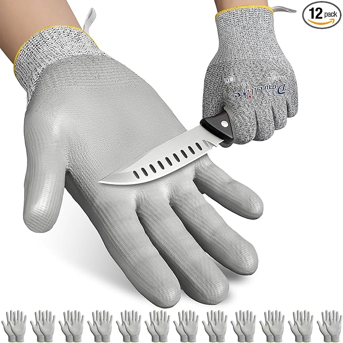 Dowellife 12 Pairs Level 5 Cut Resistant Work Gloves for Men and Women, PU Coated Breathable Gardening Gloves, Thin Flexible and Firm Grip for Mechanics and Fishing (Large, Grey)