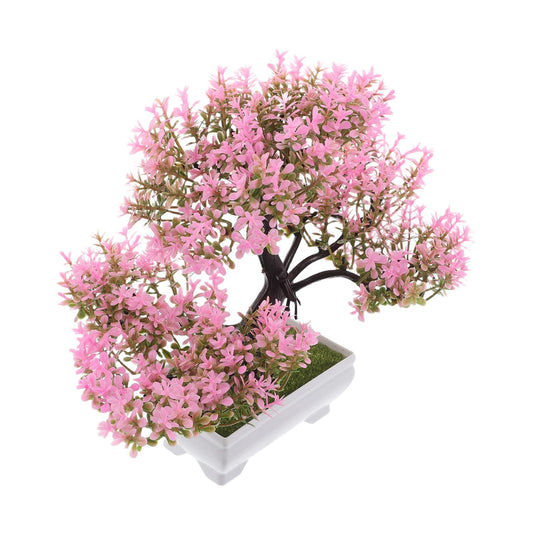 SHINEOFI Artificial Bonsai Tree Small Desk Plants Pink Faux Bonsai Imitation Cherry Blossom Potted Plant for Home Office Desk Shelf Decor