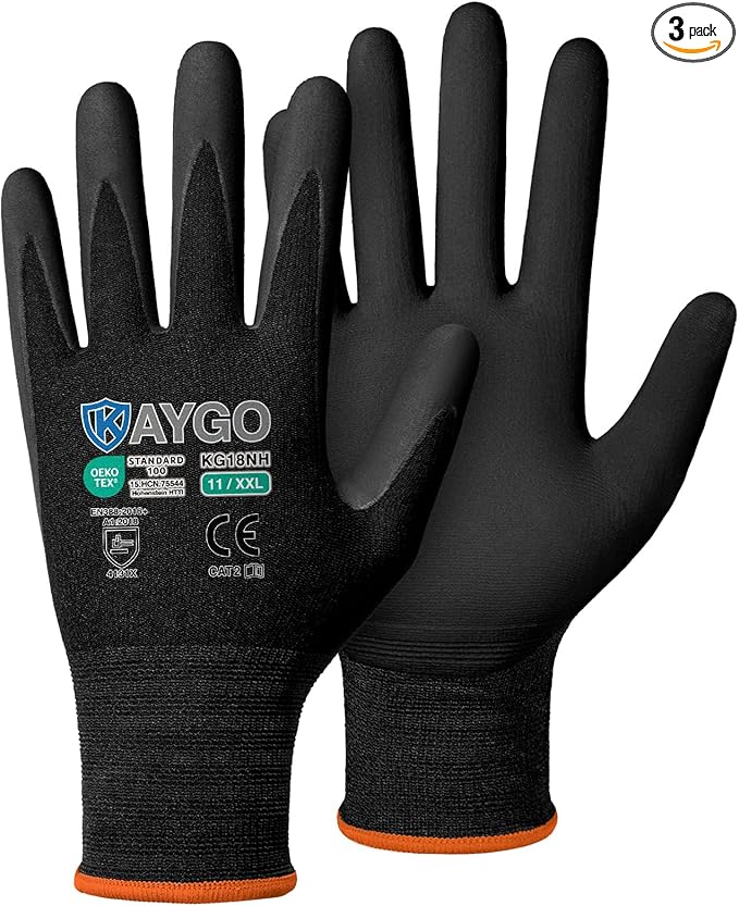 KAYGO Safety Work Gloves MicroFoam Nitrile Coated, 3 Pairs KG18NB,Seamless Knit Nylon Glove with full fingers Touchscreen, Ideal for Automotive,Warehouse,Construction (2XL, Black)