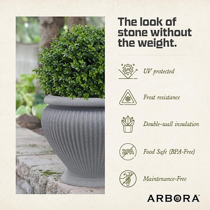 ARBORA 18" Cannes Urn Polyresin Indoor and Outdoor Planter with Stone Blend Concrete Gray Finish - Durable, Weatherproof, Lightweight, Large Plant Pot for Patio, Garden, Deck, Entryway