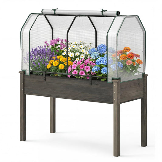 S AFSTAR Raised Garden Bed with Greenhouse Cover, Elevated Wooden Planter Box, 47”L x 24”W x 30”H, Outdoor Gardening Planting Bed for Vegetables Flowers & Herbs Grow Backyard Patio Lawn