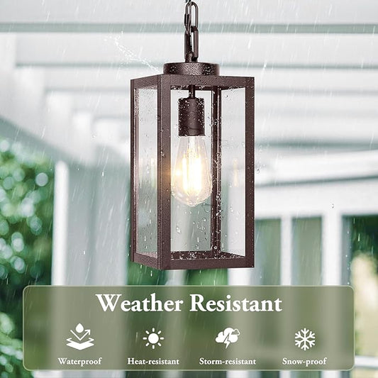BesLowe 1-Pack Outdoor Pendant Light, 13” Modern Hanging Lantern Light for Outside, Brown Exterior Pendant Lighting Fixture with Adjustable Chain, Outdoor Chandelier for Porch, Gazebo, Front Door
