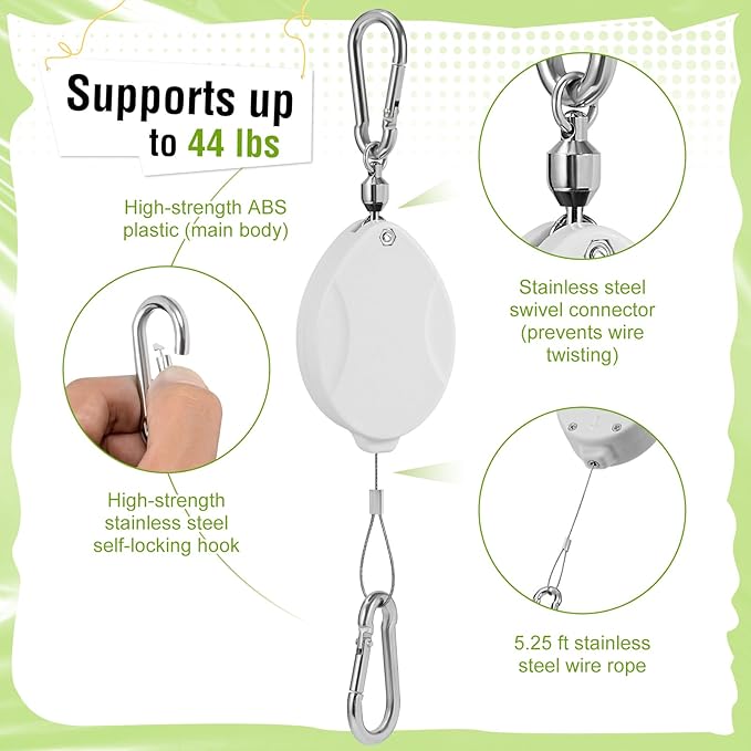 Plant Pulleys for Hanging Plants, Heavy Duty Retractable Hangers, 304 Stainless Steel Rope, Auto Plant Holder, Adjustable Climbing Hook for Garden Baskets Watering, or Bird Feeders (White-6)