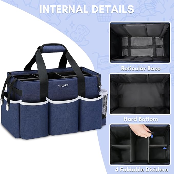 Ytonet Extra Large Cleaning Caddy Bag with 4 Foldable Dividers, Wearable Cleaning Caddy Organizer with Handle & Shoulder Strap & Waist Strap, Housekeeping Tote for Cleaners, Blue