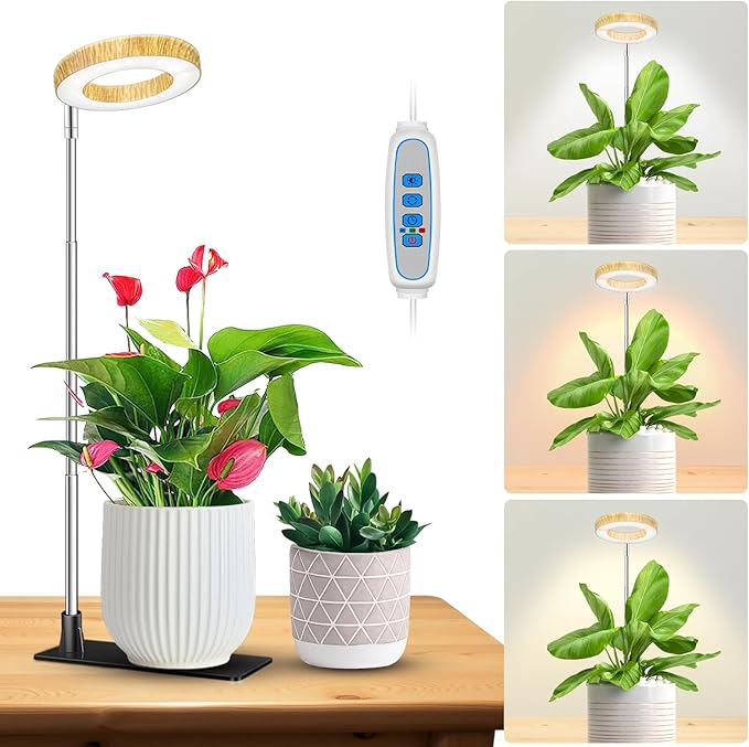Kullinss Grow Light, 48 LEDs Full Spectrum Plant Lights for Indoor Growing, Wood Grain Small Grow Light with 6/12/16H Timer, 3 Color Modes, 5 Brightness, Height Adjustable Grow Lamp for Small Plants