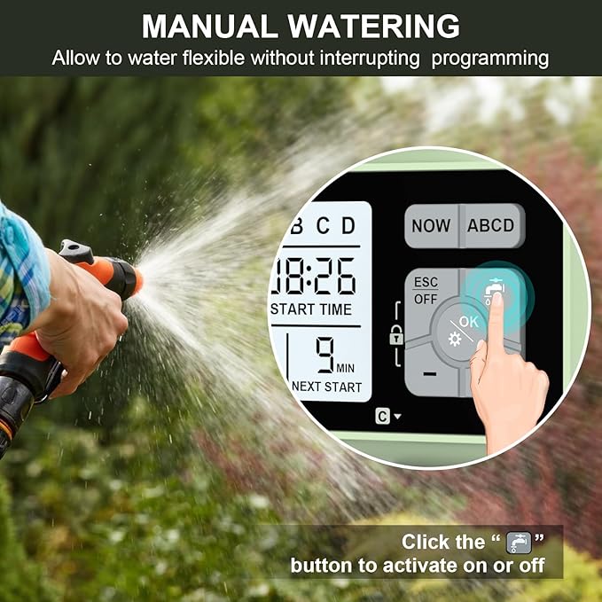 Watering Timer 4 Zone, Sprinkler Timer,Programmable Garden Outdoor Hose Faucet Timer with Rain Delay/Manual/Automatic Watering System,Water Hose Irrigation Timers 4 Outlet for Garden