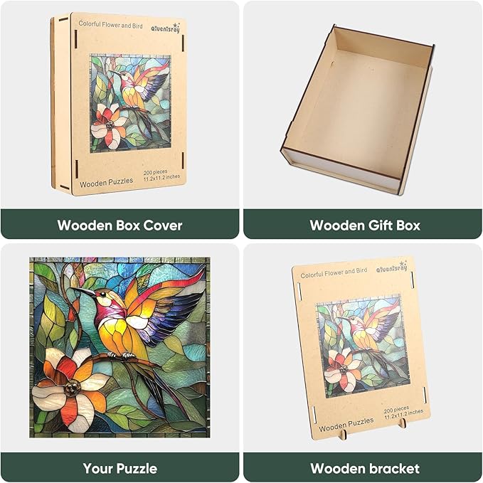 Qiuenisray Wooden Puzzles for Adults, Stained Glass Hummingbird Puzzle 200 Piece, FSC Certified Unique Animal Shape Wood Puzzles, Bird Jigsaw Puzzles for Family Friend 11.2x11.2 in