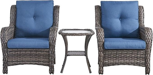 Rilyson Patio Bistro Set Wicker Chairs - 3 Piece Outdoor Rattan Conversation Set with 2 Armrest Chair and 1 Side Table for Proch Deck Garden Backyard Balcony(Mixed Grey/Blue)