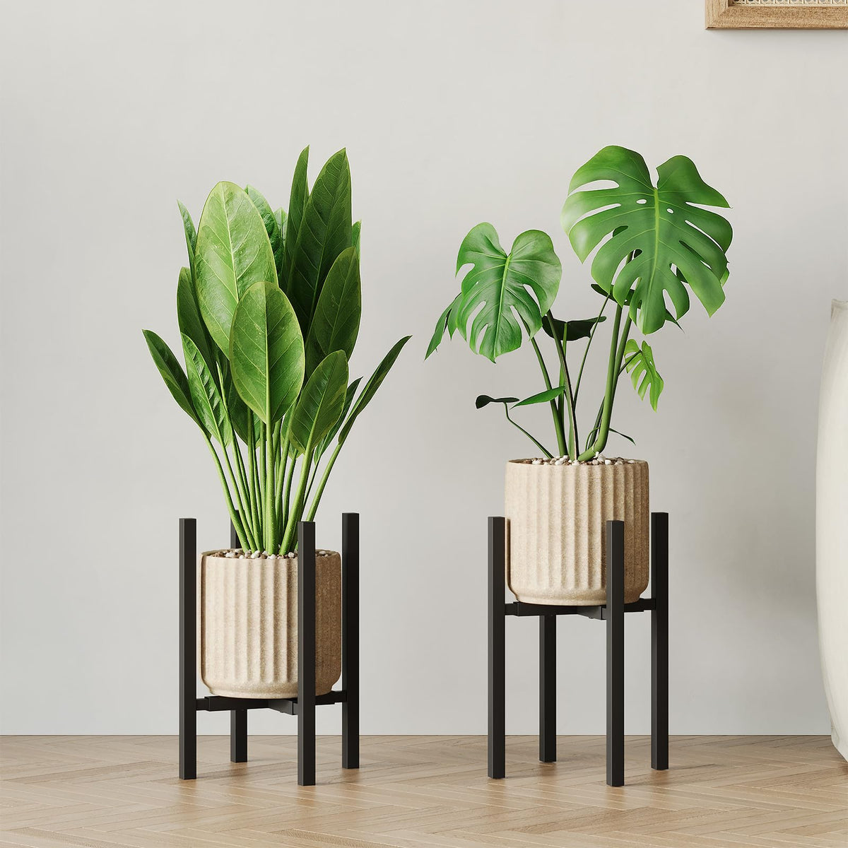 Rioneta Adjustable Metal Plant Stand Indoor, Fits 9-15 Inch Pots, Mid Century Modern Planter Holder,2 Heights, Heavy Duty 160 lb, Indoor Outdoor Corner Floor Pot Stand, Black with Round Plate 2 Pack (black-a 2 pack)