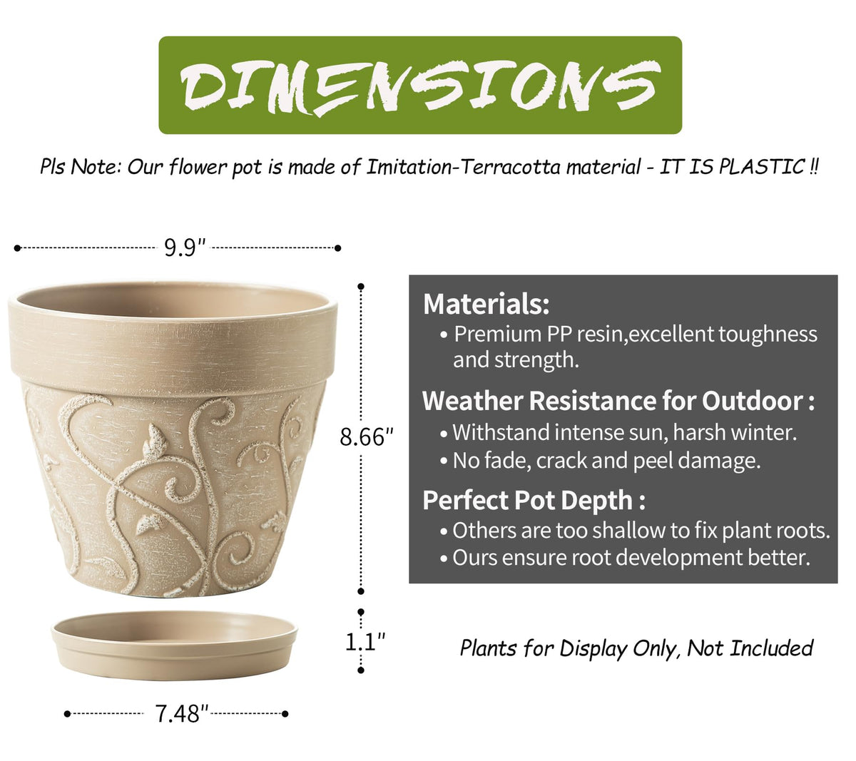 Melphoe Plant Pots Indoor with Drainage & Saucer, 2Pack 10 inch Flower Pots Outdoor Planters for Indoor Plants Garden Home Decor Cactus Succulent, Rigid Plastic (Imitation-Terracotta) Vine-Embossed