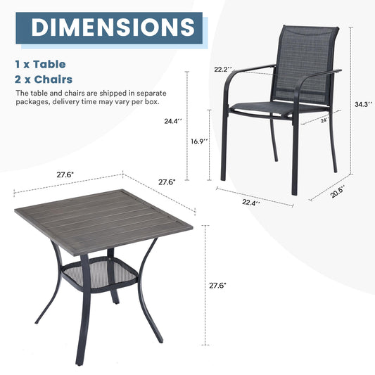 DIFY 3-Piece Outdoor Patio Bistro Dining Set, Grey Wood-Like Small Square Dining Table & 2 Grey Stackable Metal Chairs with Breathable Fabric, Outdoor Furniture Set for Balcony, Porch, and Deck