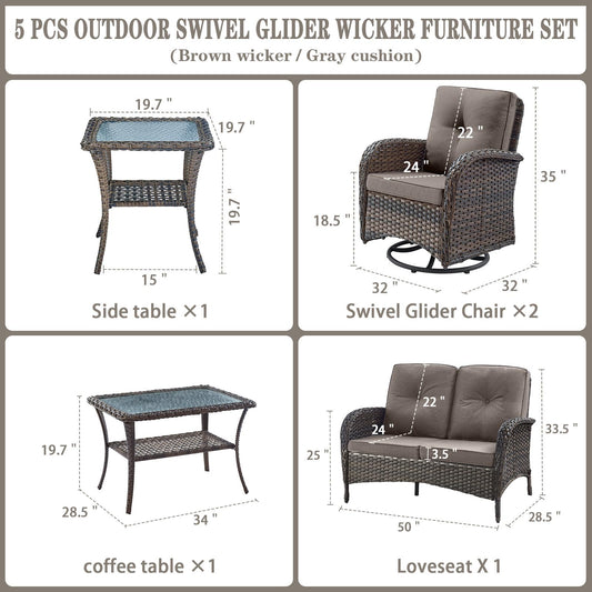 Belord 5 Piece Wicker Patio Furniture Set - Outdoor Conversation Sets with Deep Seating Swivel Rocker Chairs Loveseat and Rattan Coffee Table for Deck Backyard, Brown Wicker/Grey Cushion