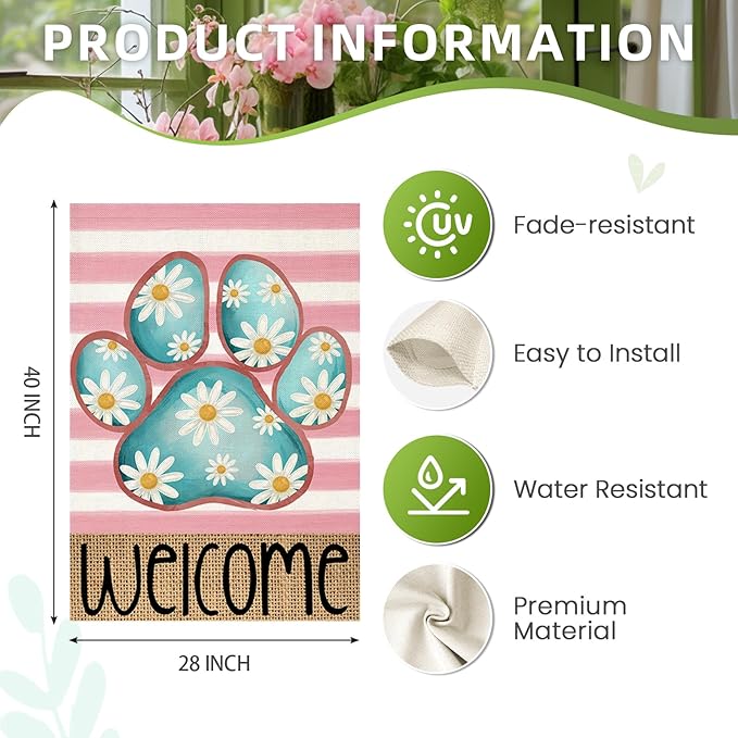 Welcome Spring House Flags for Outdoor Decoration, Dog Paw with Daisy Flowers Stripes Large Yard Flag, Decorative Summer Celebration Decor for Seasonal Farmhouse Holiday Outside 28x40 Inch