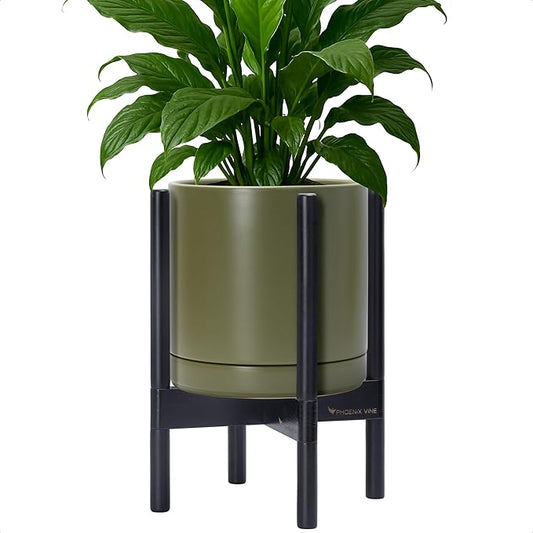 D'vine Dev Ceramic Planter with Ebony Stand - 10 Inch Modern Round Flower Pot with Wood Planter Holder, Olive, 55-B-L-J