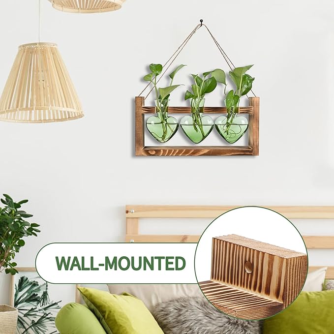 Plant Terrarium Propagation Stations Hydroponics Home Garden Decoration Gift for Women with Wooden Stand Heart Shaped Colored Glass Vase