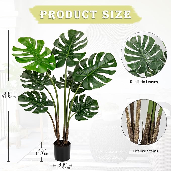 Hollyone Artificial Monstera Deliciosa Plant 3FT Tall Fake Tropical Palm Plants Trees Faux Monstera Indoor Swiss Cheese Plants for Indoor Outdoor Home Office Garden Living Room Decoration, 1 Pack