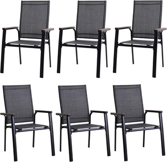 PHI VILLA Outdoor Stackable Chairs, Patio Chairs Set of 6, Light Weight Aluminum Frame with Textilene Fabric & Wood Armrest, High Back Deck Chairs for Poolside Lawn Garden, Gray