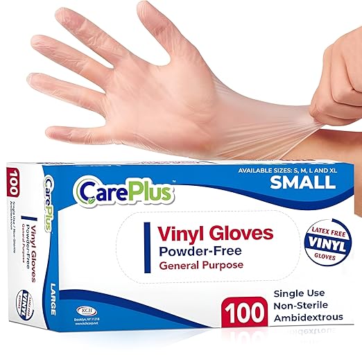 CARE PLUS Latex-Free Vinyl Gloves Clear Small Size 100 Count | Heavy Duty, Non-Sterile, Powder-Free, Rubber | Food Prep, Kitchen & Cleaning Gloves, Ideal for Professional Use