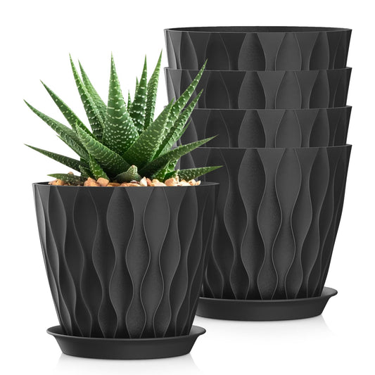 SQKH 7 Inch Plant Pots 5 Pack, Flower Planters with Drainage Holes and Trays,Plastic Pots for Indoor Outdoor Plants,Black