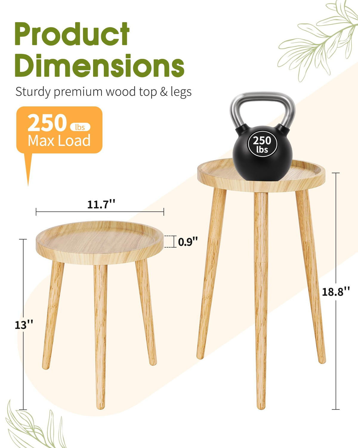 AZADESJET Plant Stand Indoor 2 Pack, Mid Century Wood Indoor Plant Stands, Tall Plant Holder for Flower Pot, Modern Plant Table Round Side End Table With Raised Design, Natural, 11.7"x18.8" & 11.7"x13"