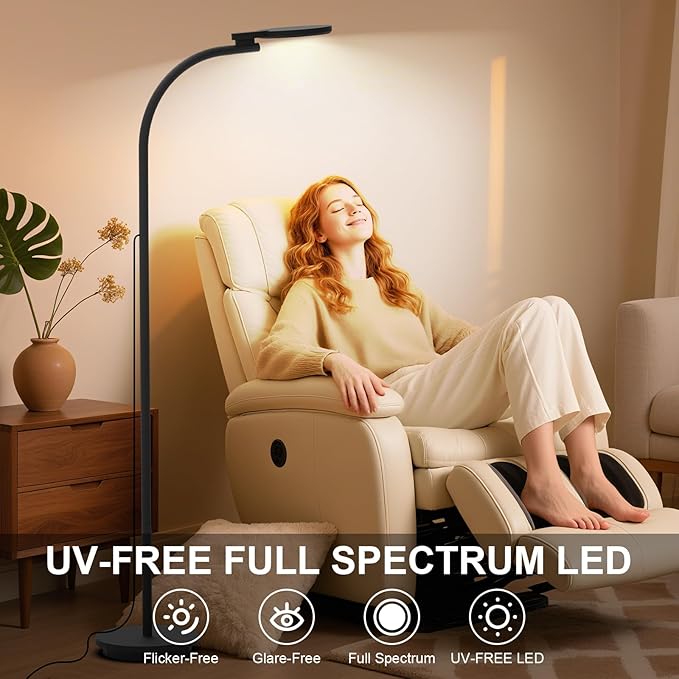 Sozapooty Light Therapy Lamp 10000 Lux UV-Free Sun Floor Lamp, 360° Gooseneck Happy Lamp with 5 Colors & 5 Brightness Levels & Remote Control + Touch Dual Control (Black)