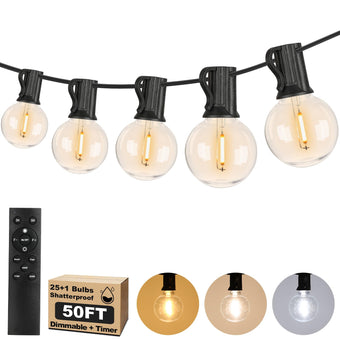 50FT LED Outdoor String Lights with Dimmable 3 Color Lights with Remote