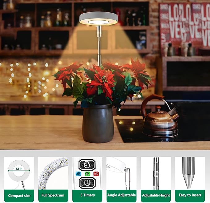WaterRebirth 3.5 inch Grow Lights for Indoor Plants,Large Plant Light with 3 Timers, 10 Level Dimmable Brightness, Full Spectrum Plant Lamp, Height Adjustable for Tall Plants