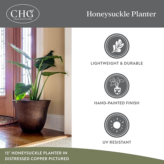 Classic Home and Garden Honeysuckle Resin Planters - Lightweight Indoor & Outdoor Plant Pots - UV-Resistant Plastic Flower Pots - Pot Planters for Flowers & Herbs (13" Ocean Blue)