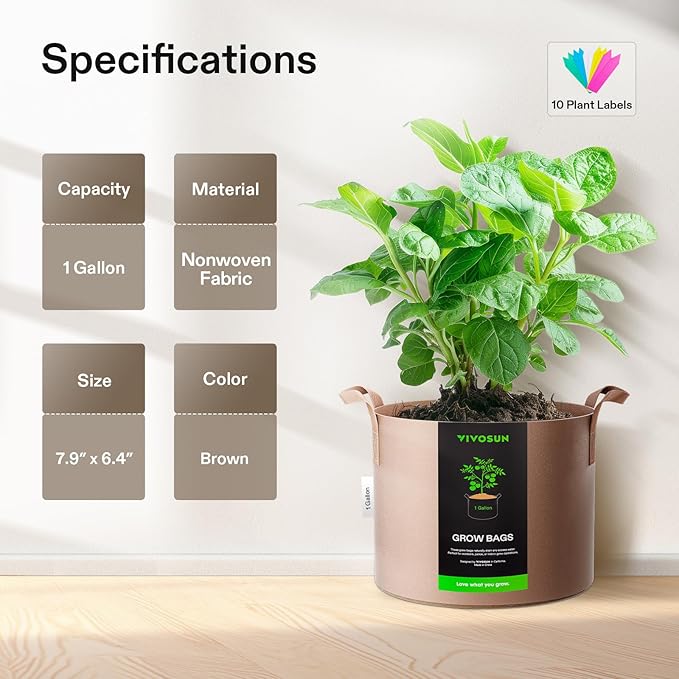 VIVOSUN 5-Pack 1 Gallons Grow Bags Heavy Duty Thickened Nonwoven Fabric Pots with Strap Handles Tan