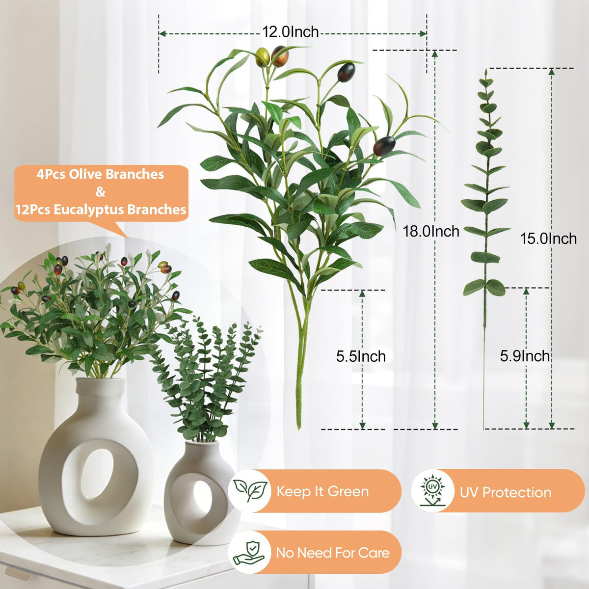 BUZIGUBY 16Pcs Faux Olive Branches&Eucalyptus Branches, 18''Artificial Olive Stems 15''Eucalyptus Stems,Perfect Greenery for Vase,Centerpieces,Spring Decor,Home Decoration for Dining Room&Living Room