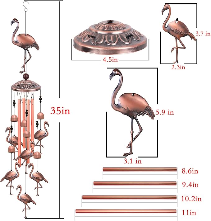 Outdoor Flamingo Wind Chimes Decor Gifts for Mom, Home, Garden, Rooms, Patio, Indoor, Outdoor Flamingo Decoration, Garden Flamingos Wind Catcher, Flamingo Wind Bells, Red Copper Flamingos Wind Chimes