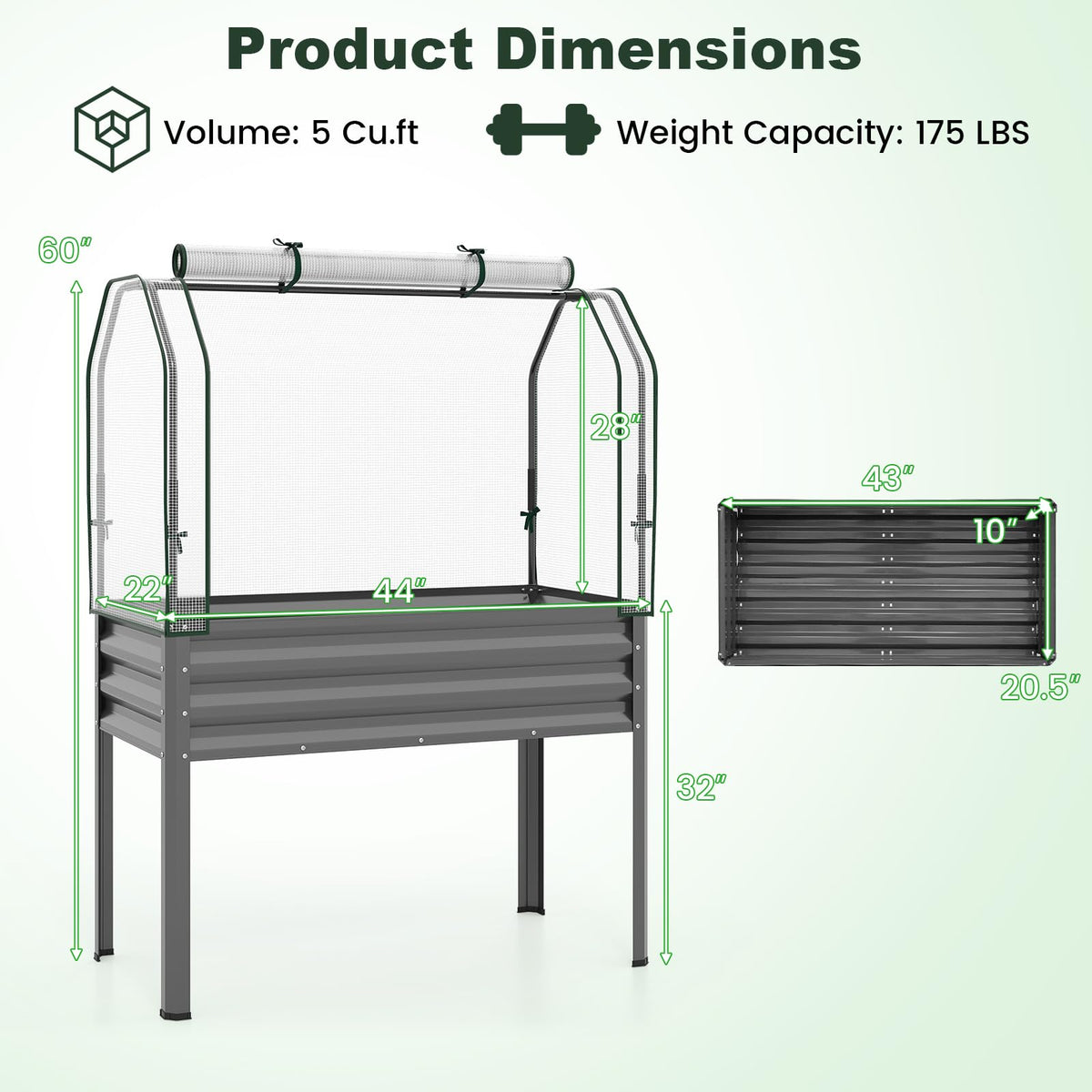 GIANTEX Raised Garden Bed with Legs & Greenhouse Cover, 44x22x60 Elevated Metal Planter Box with Roll-up Door, Outdoor Mini Greenhouse for Vegetable Flower Herb Patio Balcony (Gray,2)