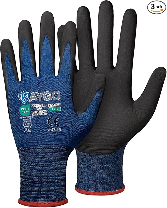 KAYGO Safety Work Gloves MicroFoam Nitrile Coated, 3 Pairs KG18NB,Seamless Knit Nylon Glove for Men and Women, Ideal for Automotive,Warehouse,Construction (S, Dark Blue)