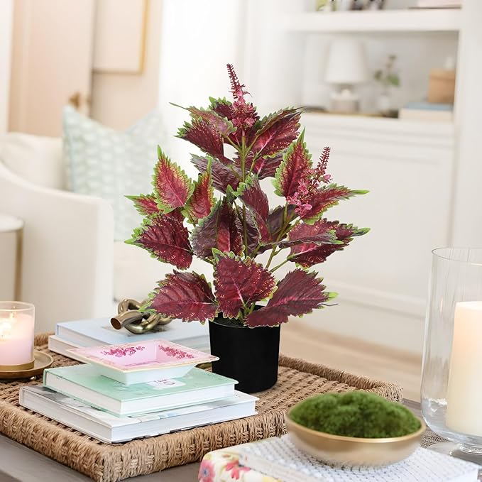 Artificial Plants Indoor with Pot 16.9" Faux Potted Perilla Plants Indoor Decorative Silk Greenery in Black Pot for Farmhouse Home Bathroom Living Room Office Table Shelf Decor