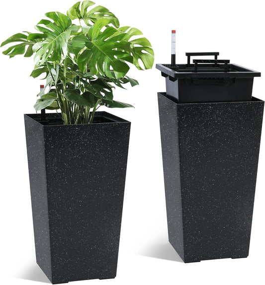 21.7" Tall Self-Watering Planters Set of 2, Large Black Resin Flower Pots